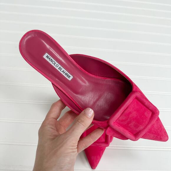 Manolo Blahnik Maysale Flat Mule Buckle Shoe Ballerina Pointed Toe Bright Pink - Picture 2 of 10